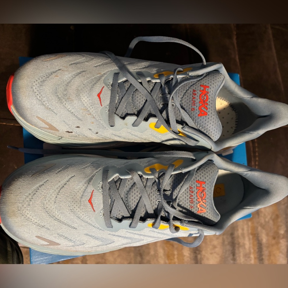 Hoka ARAHI 6 Light Blue and Orange Athletic Shoes